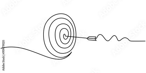 Continuous one line drawing of arrow shoted on the target arrow line art drawing vector illustration, Continuous line drawing of Target with arrows. Single line illustration of goal circle with three.