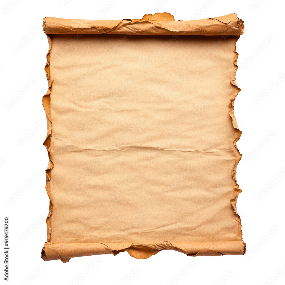 Fototapeta premium A textured vintage parchment paper with a worn edge, ideal for artistic or historical document isolated on a transparent background.
