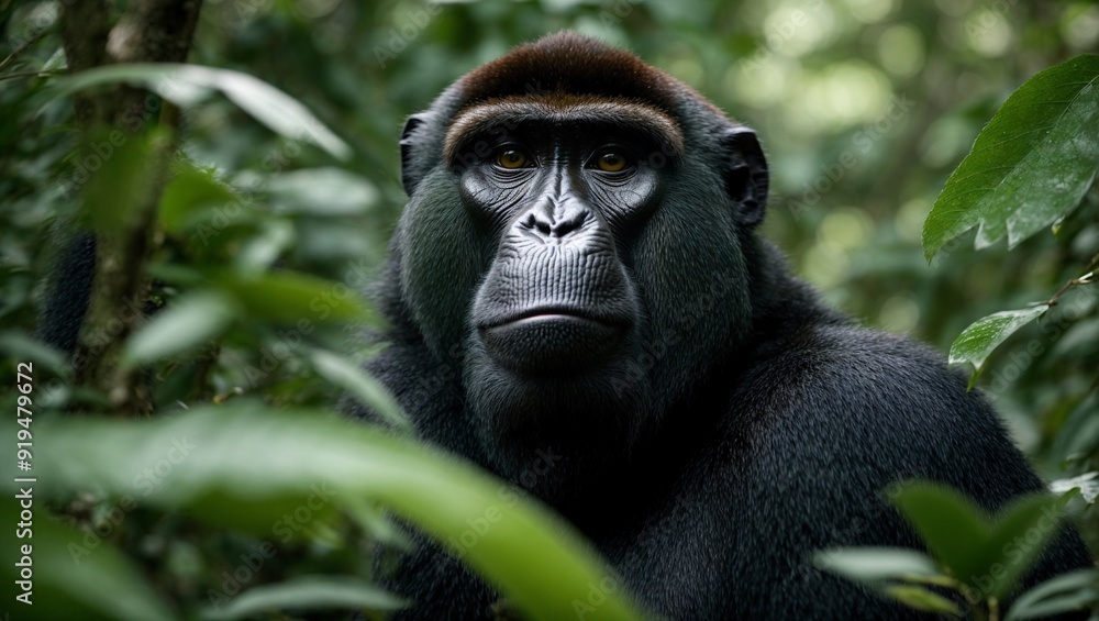 Obraz premium Gorilla in the Jungle: A powerful and majestic gorilla peers through the lush foliage of a dense jungle, its piercing gaze conveying both intelligence and primal strength. The intricate details of its