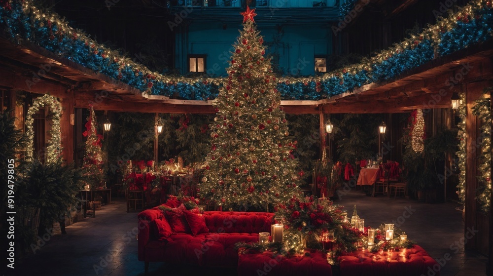 Enchanted Christmas Courtyard: A sparkling Christmas tree takes center stage in a beautifully decorated courtyard, creating a magical atmosphere for holiday celebrations. Enchanted Christmas Courtyard: A sparkling Christmas tree takes center stage in a beautifully decorated courtyard, creating a magical atmosphere for holiday celebrations.