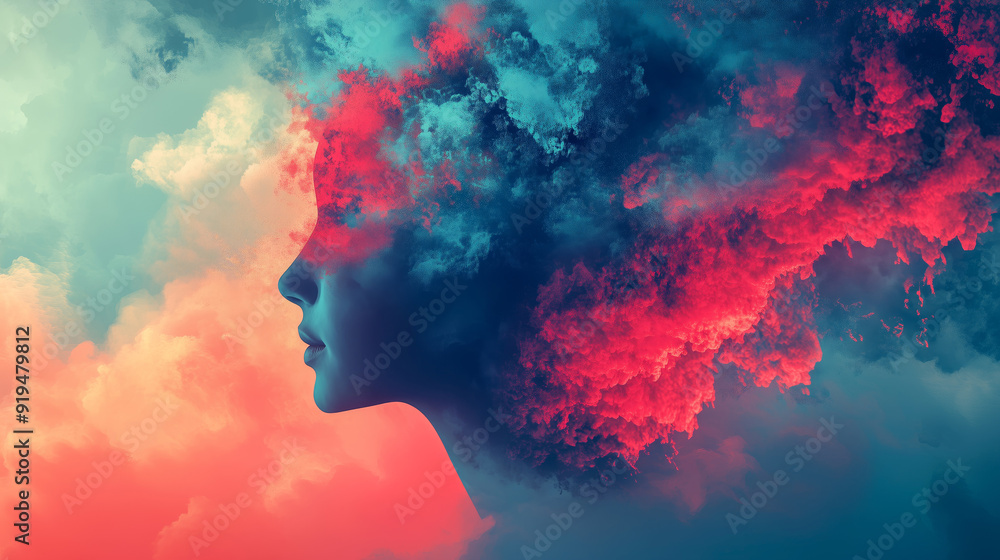 A woman's profile emerges from swirling clouds, symbolizing the complexities of mental health. A woman's profile emerges from swirling clouds, symbolizing the complexities of mental health.