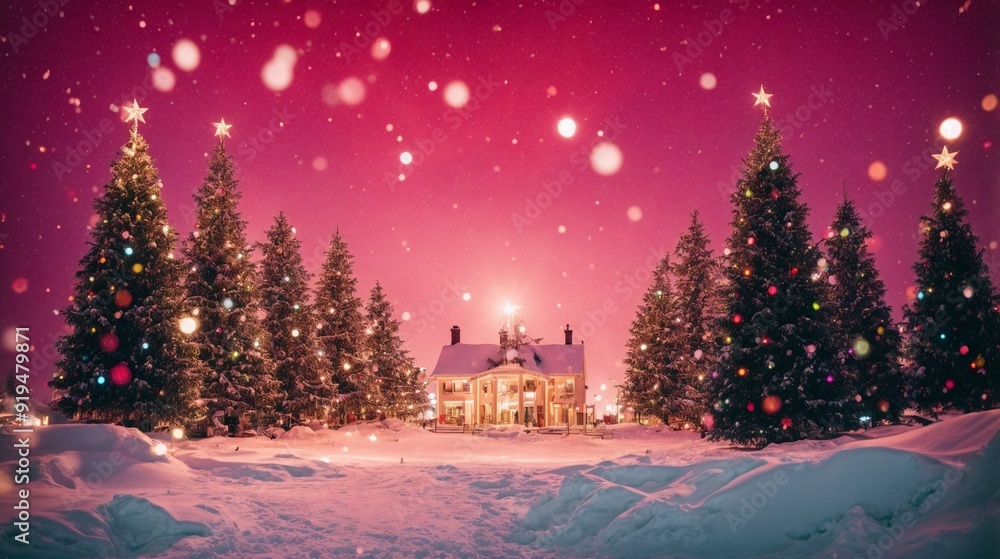 Naklejka premium Winter Wonderland: A picturesque snowy landscape with a charming house and twinkling Christmas trees under a pink sky with falling snow. A magical scene perfect for holiday cards, invitations, and f