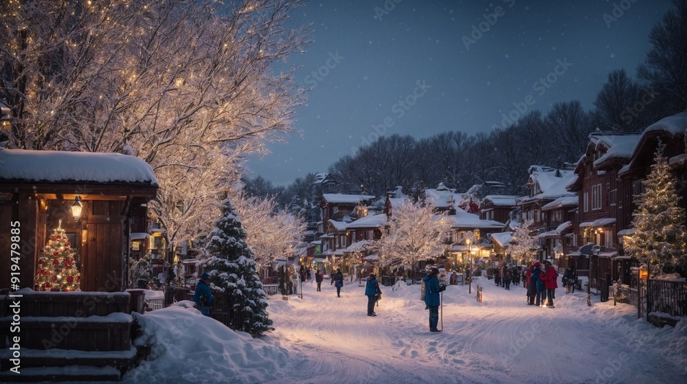 Naklejka premium Winter Wonderland: A picturesque snowy village glows with festive lights, creating a magical ambiance as residents stroll through the snow-covered streets. This enchanting scene evokes warmth and joy,