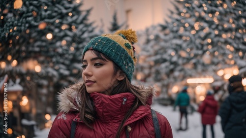 Wallpaper Mural Lost in the Winter Wonderland: A young woman, adorned in a vibrant beanie, gazes across a snow-dusted Christmas market, her expression a blend of wonder and anticipation.  Torontodigital.ca
