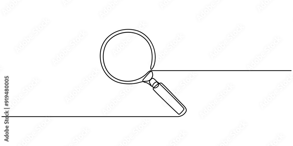© Line emotion - One continuous line illustration of magnifying glass. Continuous line drawing of magnifying glass lens.Magnifying glass search symbol isolated vector illustration, magnifying glass in continuous One.