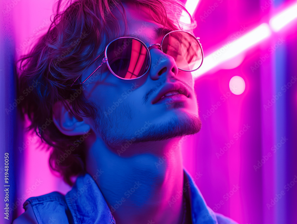 Cinematic portrait of stylish young man in neon lighted room Cinematic portrait of stylish young man in neon lighted room