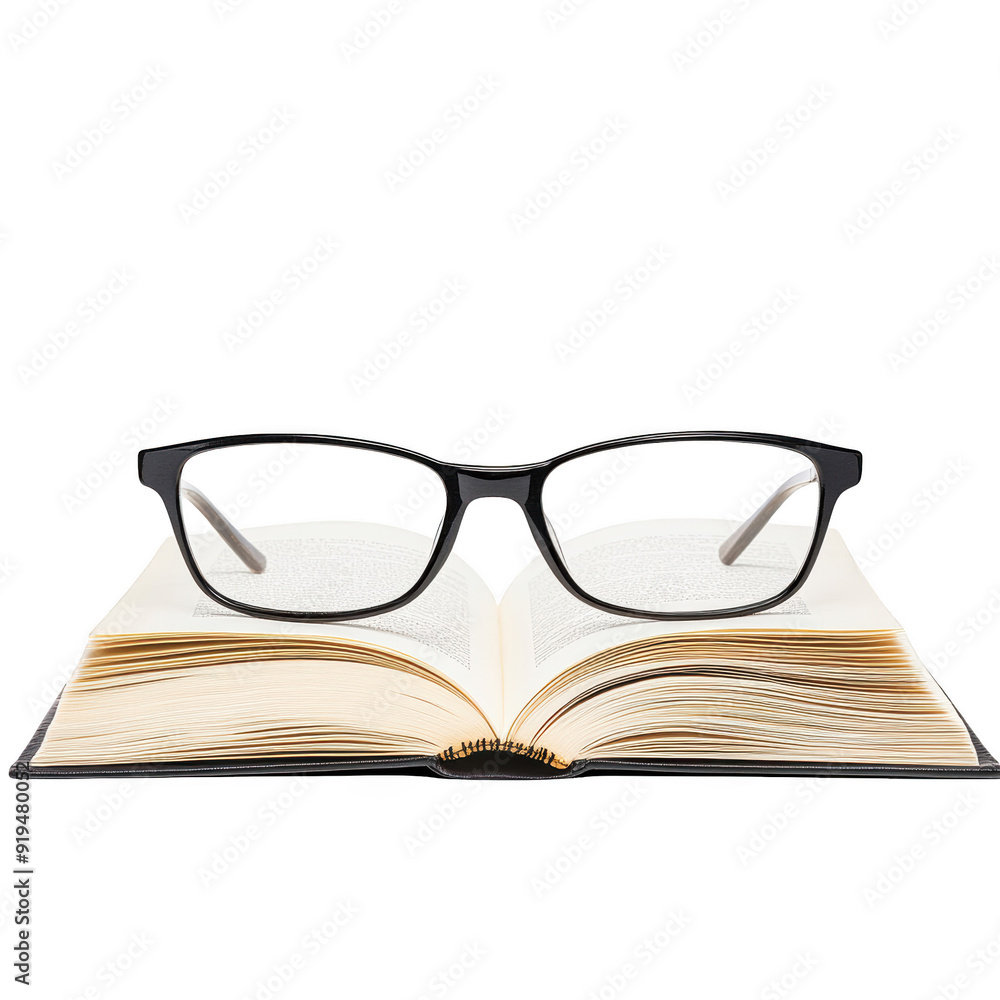An open book with reading glasses resting on the pages, perfect for education, study, or literature themes. isolated on a transparent background. An open book with reading glasses resting on the pages, perfect for education, study, or literature themes. isolated on a transparent background.