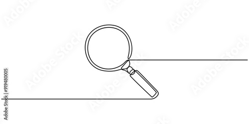 One continuous line illustration of magnifying glass. Continuous line drawing of magnifying glass lens.
Magnifying glass search symbol isolated vector illustration, magnifying glass in continuous One.