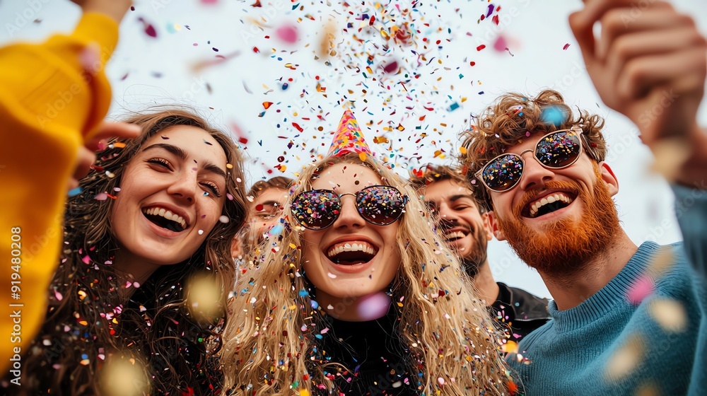 Cheerful group of friends throwing confetti at a birthday party Cheerful group of friends throwing confetti at a birthday party