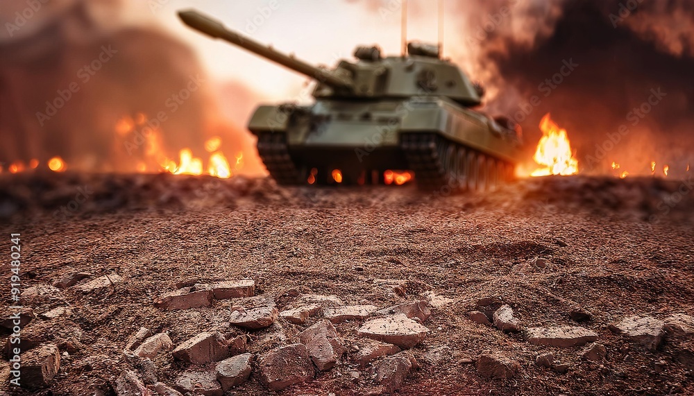 Military Tank in Warzone Amidst Flames Military Tank in Warzone Amidst Flames
