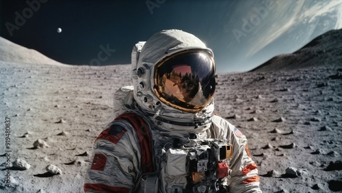 Astronaut on the Moon: A lone figure in a white spacesuit stands on the lunar surface, gazing towards the Earth, a testament to human ambition and exploration.  The vastness of space and the stark bea photo