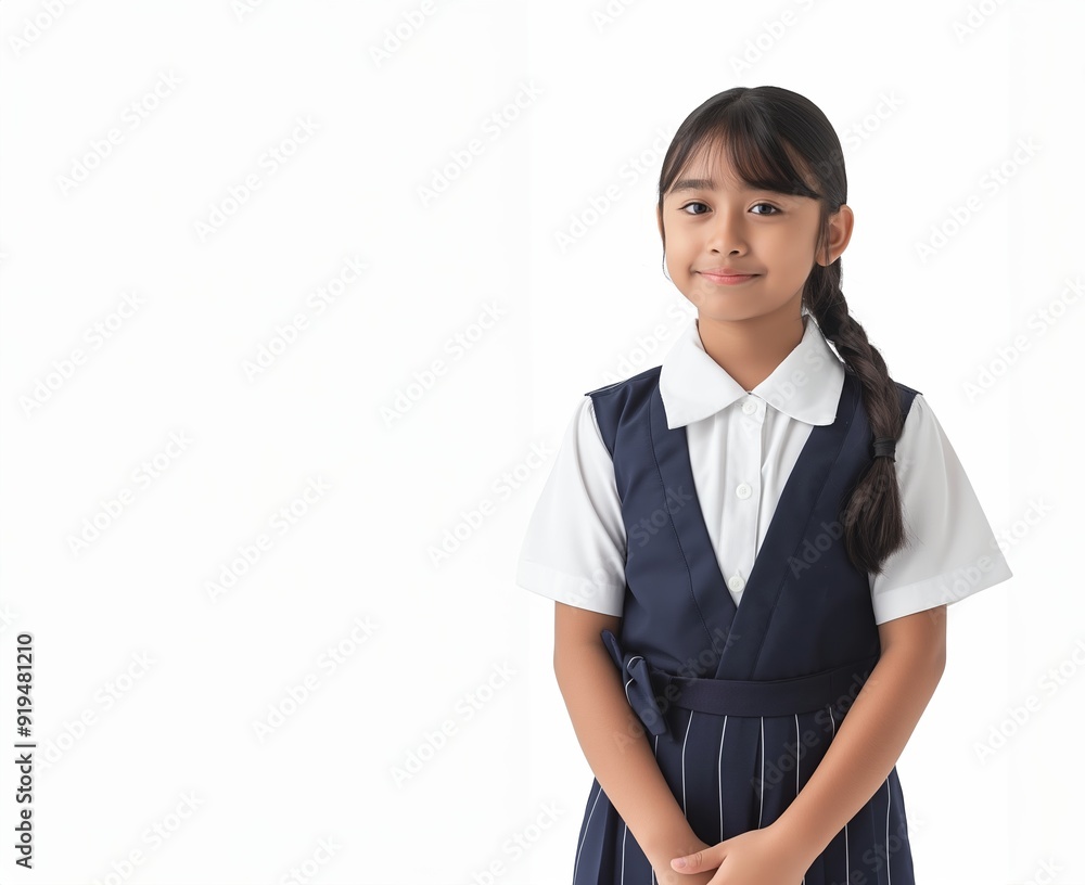 junior high school teen student presenting to copy space wearing uniform. junior high school teen student presenting to copy space wearing uniform.