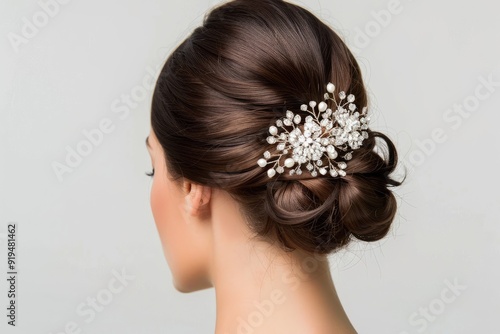 Elegant, twisted bun hairstyle with delicate accessories, set against a clean background providing plenty of copyspace, highlighting the sophistication and detail of the updo, photo