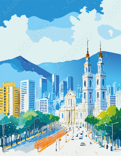 Ciudad con montañas de fondo