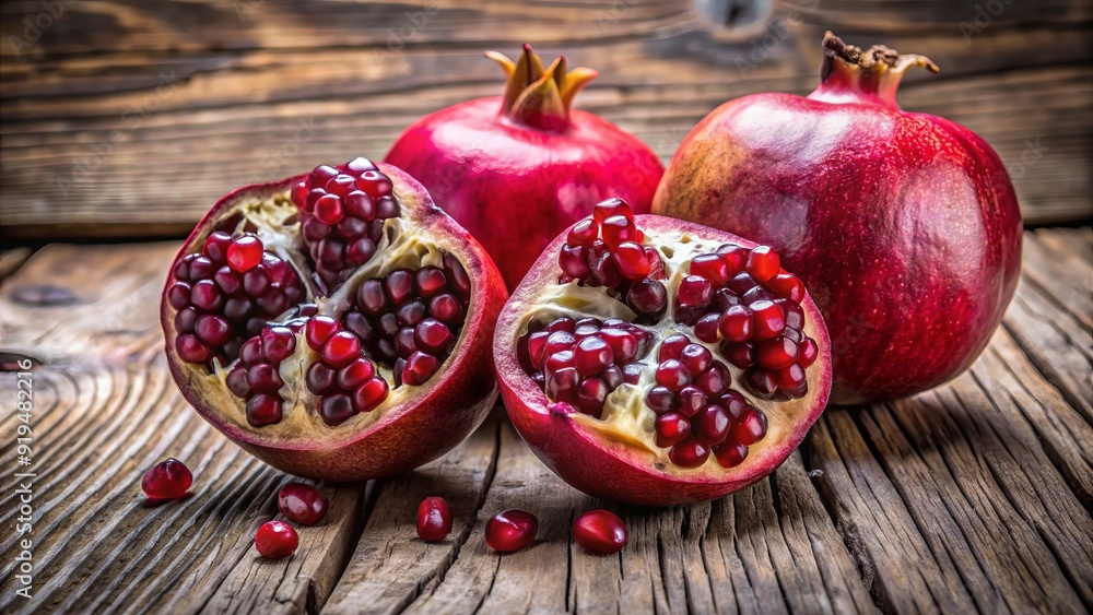 Vibrant purple pomegranate fruit bursting open, revealing juicy seeds and creamy pulp, against a rustic wooden background, evoking warmth and natural abundance.