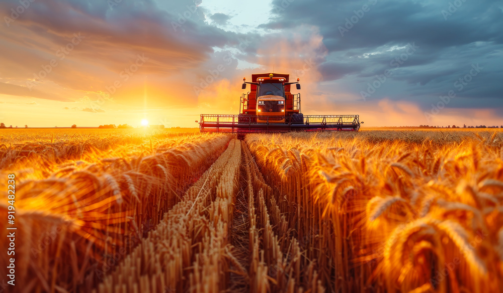 Fototapeta premium Sunset over wheat fields with a combine harvester in action.