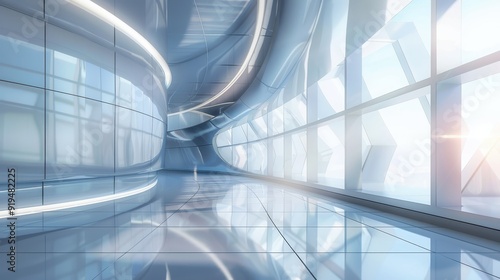 Futuristic, sleek, modern interior with glass walls and bright lighting, showcasing innovative architectural design.