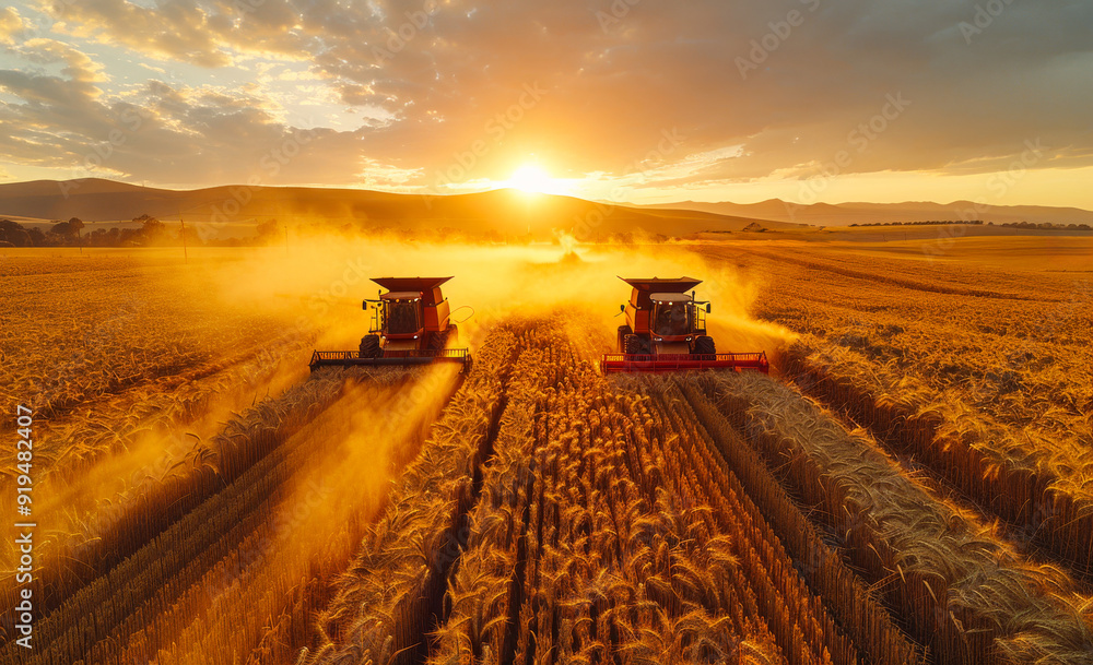 Fototapeta premium Harvesting wheat at sunset over a golden field in summer. Two combines work together in a wheat field