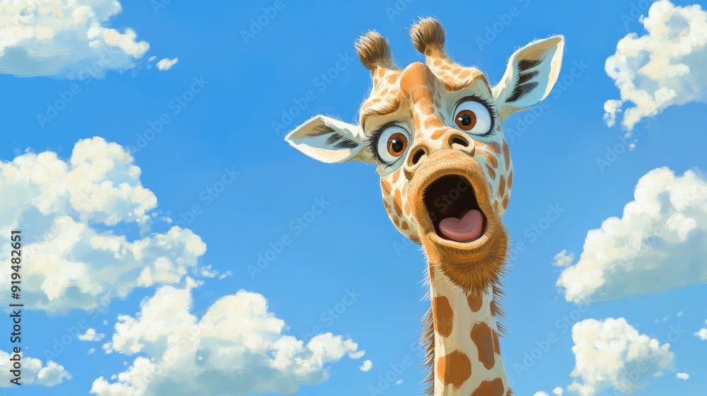 Naklejka premium A giraffe with its mouth wide open is staring at the camera. The sky is blue with some clouds in the background