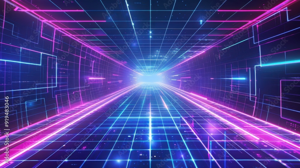 Futuristic digital tunnel with neon lights and grid patterns invoking a modern, high-tech cyber vibe. Perfect for tech-related projects. Futuristic digital tunnel with neon lights and grid patterns invoking a modern, high-tech cyber vibe. Perfect for tech-related projects.