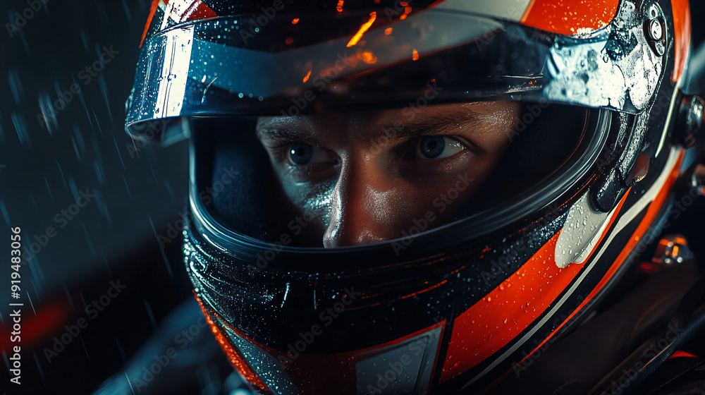 Race Car Driver In Helmet Closeup In Rain. Race Car Driver In Helmet Closeup In Rain.