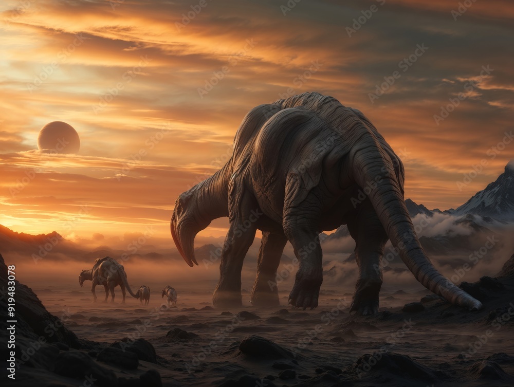 Fototapeta premium Prehistoric Dinosaurs Roaming Under Dramatic Sunset with Distant Planet