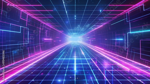 Wallpaper Mural Futuristic digital tunnel with neon lights and grid patterns invoking a modern, high-tech cyber vibe. Perfect for tech-related projects. Torontodigital.ca