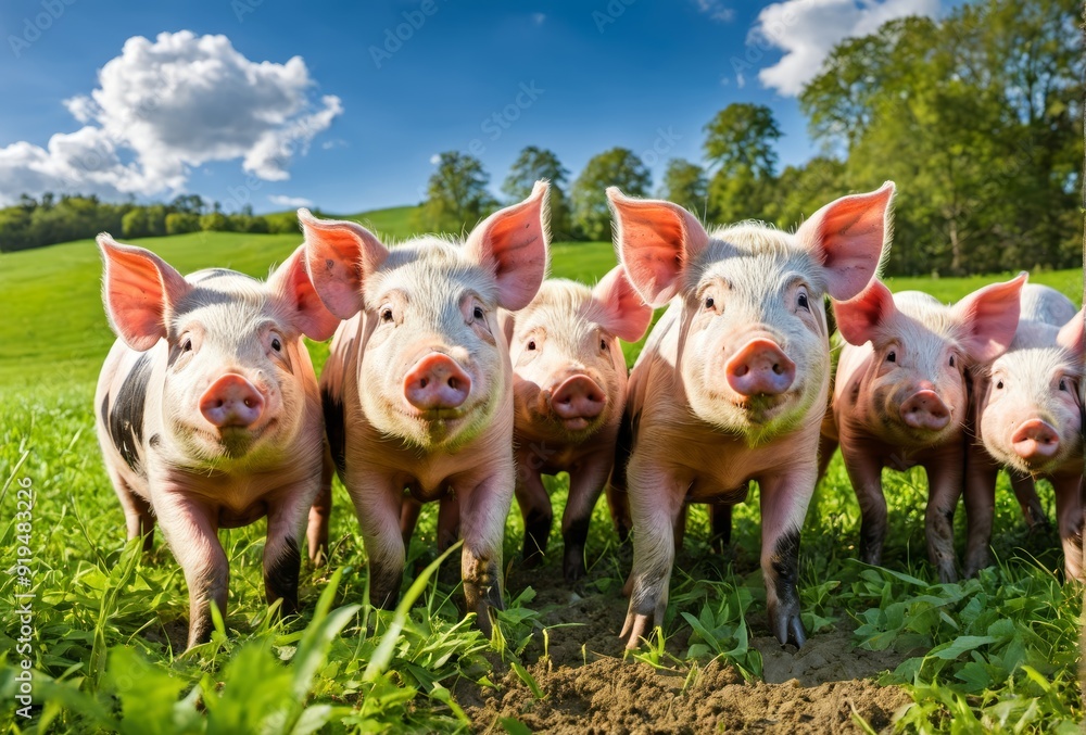 A cheerful image of four piglets standing in a lush green field under a bright blue sky. The piglets' curious expressions and natural surroundings make this photo perfect for farm, nature, and animal