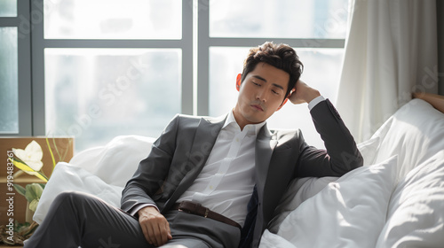 A tired asian young businessman in a suit sitting on the white bed