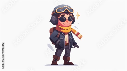 Chibi pilot, occupation character, flat design illustration, adventurous, isolated on white background