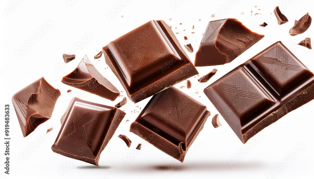 Broken chocolate bar pieces falling on white background. Milk chocolate chunks Collection.. Broken chocolate bar pieces falling on white background. Milk chocolate chunks Collection..