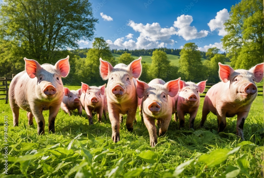 A cheerful image of four piglets standing in a lush green field under a bright blue sky. The piglets' curious expressions and natural surroundings make this photo perfect for farm, nature, and animal A cheerful image of four piglets standing in a lush green field under a bright blue sky. The piglets' curious expressions and natural surroundings make this photo perfect for farm, nature, and animal