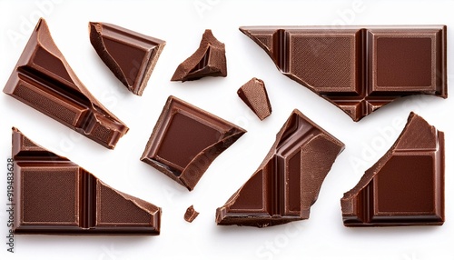 Broken chocolate bar pieces isolated on white background. Dark Chocolate chunks Top view. Flat lay. Pattern. Collection.