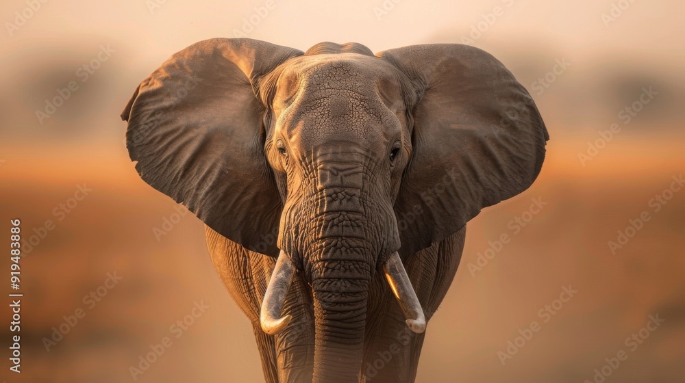 Obraz premium A large elephant is standing in a field with a brown background. The elephant has a very large ear and is looking directly at the camera. Concept of awe and wonder at the majestic animal