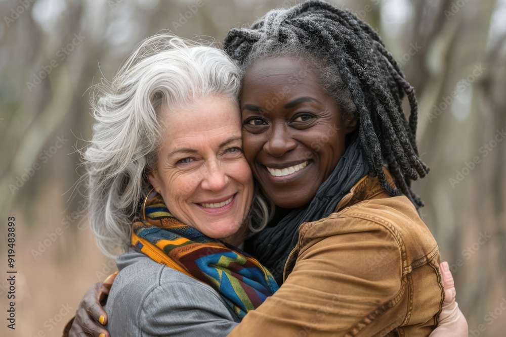 Autumn Joy with Close Friends. An uplifting portrait of two women, one with gray hair and fair skin, the other with dark skin and gray dreadlocks, hugging and smiling in the midst of a peaceful forest Autumn Joy with Close Friends. An uplifting portrait of two women, one with gray hair and fair skin, the other with dark skin and gray dreadlocks, hugging and smiling in the midst of a peaceful forest