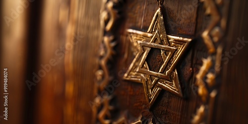 Closeup of a Star of David engraved on a mezuzah symbolizing Jewish faith and protection captured using a macro lens with natural light to highlight the details and craftsmanship photo