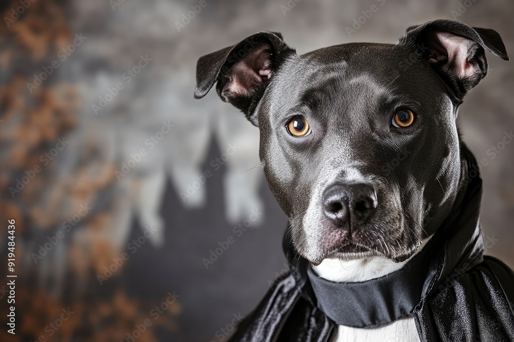 Adorable dog in a stylish black cape, posing with a charming expression against a moody background. Adorable dog in a stylish black cape, posing with a charming expression against a moody background.