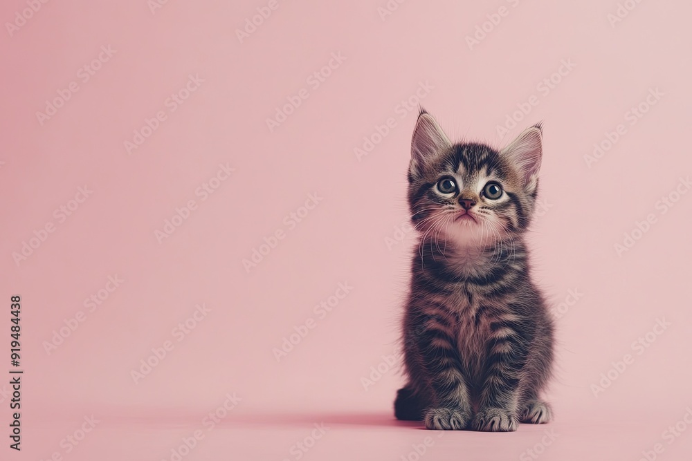 Adorable tabby kitten sitting on a pink background, exuding charm and curiosity, perfect for pet lovers and cat enthusiasts. Adorable tabby kitten sitting on a pink background, exuding charm and curiosity, perfect for pet lovers and cat enthusiasts.
