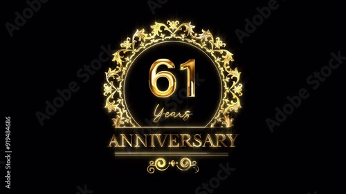 61st Anniversary Celebration. Happy 61 Years Anniversary Animation in Gold Color on the Transparent Background, Alpha Channel. Great for greetings, celebrations, events, and gifts.