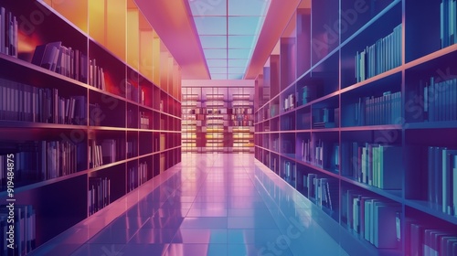 Modern library interior with colorful lighting and numerous bookshelves. Futuristic design with vibrant colors  perfect for educational themes.
