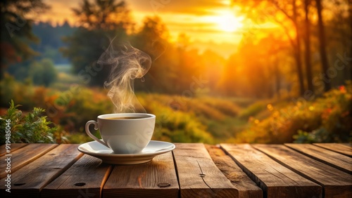 Warm and inviting, a solitary coffee cup sits on a rustic wooden table, emitting a gentle swirl of steam into the crisp morning air. photo