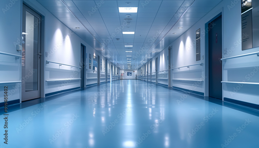 Long, bright hospital corridor with polished blue floors. Long, bright hospital corridor with polished blue floors.
