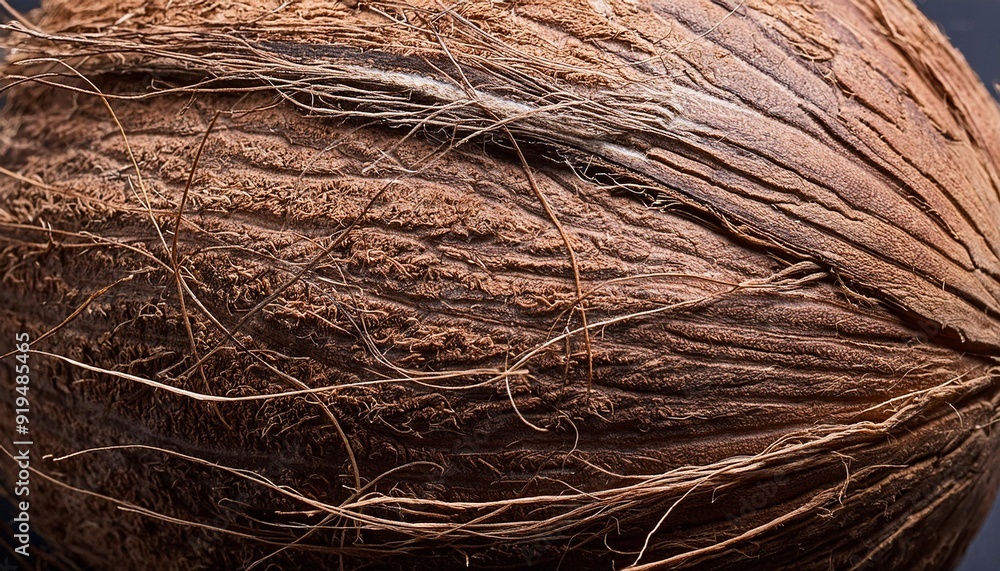 Fototapeta premium Coconut texture as a background. Fresh whole hairy coconut close up, macro. Pattern.