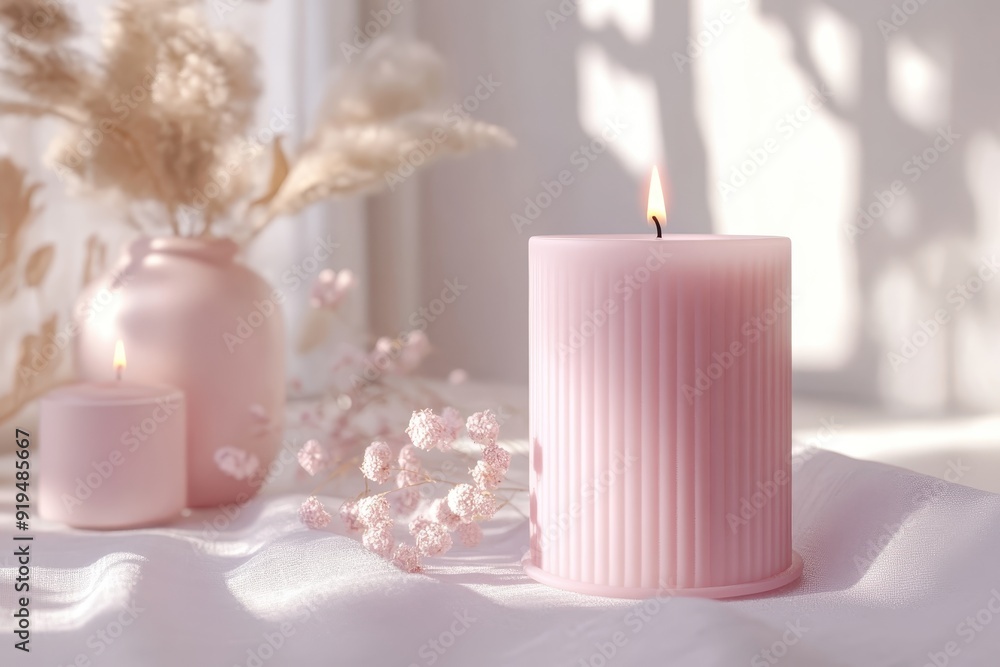 Soft pink candle with delicate flowers and elegant decor in warm, natural light. Perfect for relaxation, tranquility, and home aesthetics. Soft pink candle with delicate flowers and elegant decor in warm, natural light. Perfect for relaxation, tranquility, and home aesthetics.
