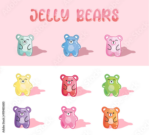 Jelly bears set. Cartoon marmalade candies, animals shapes sweets, colorful gummy bear, fruit and berry flavors, classical sugar yummy gelatin products. Sweet assortment, vector isolated elements.