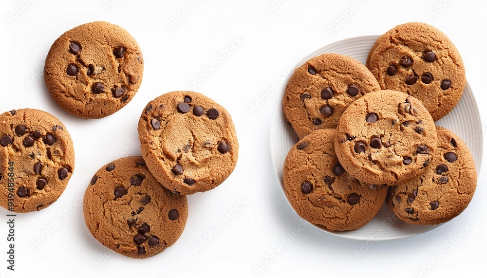 Collection of Chocolate chip cookies isolated on white background. Cookies with chocolate pieces top view. Flat lay Collection of Chocolate chip cookies isolated on white background. Cookies with chocolate pieces top view. Flat lay