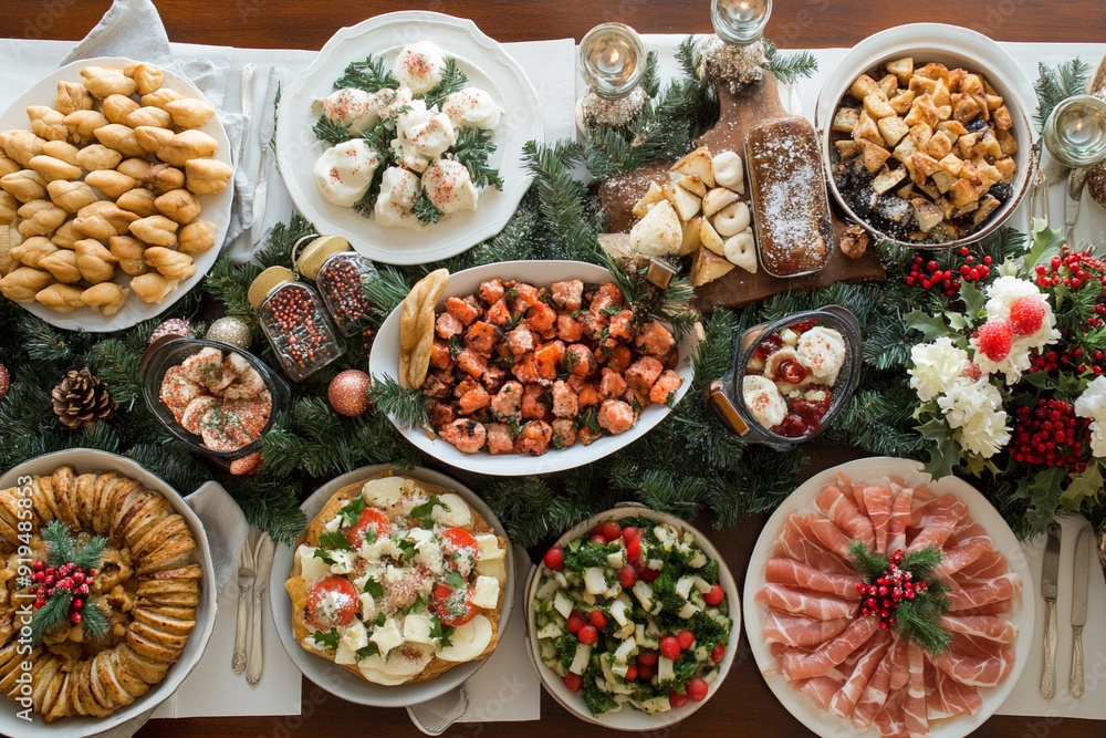 Fototapeta premium A flat lay of a festive holiday buffet