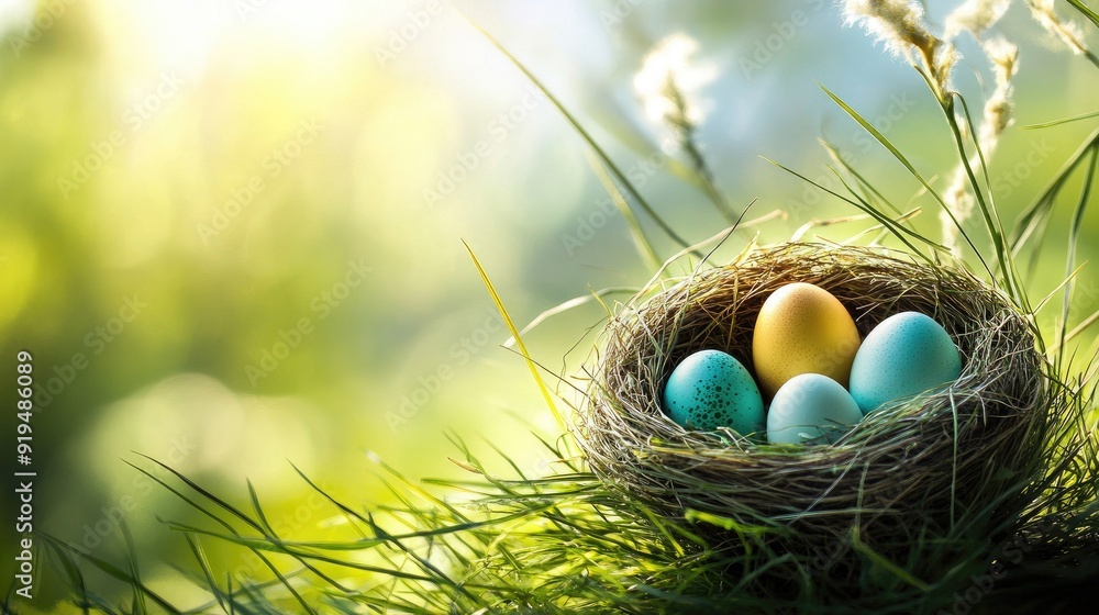 Nest with easter eggs in grass on a sunny spring day Nest with easter eggs in grass on a sunny spring day