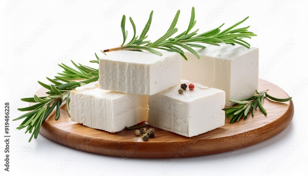 Cubes of feta cheese isolated on white background. Greek fitaki cheese piece with rosmary herbs and spices, close up. Cubes of feta cheese isolated on white background. Greek fitaki cheese piece with rosmary herbs and spices, close up.