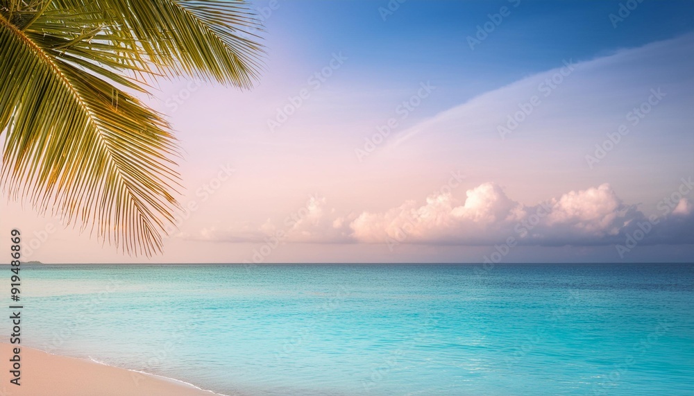 Obraz premium dreamy tropical beach scene soft focus turquoise waters blend with pastel sky palm silhouettes tranquil atmosphere idyllic vacation mood